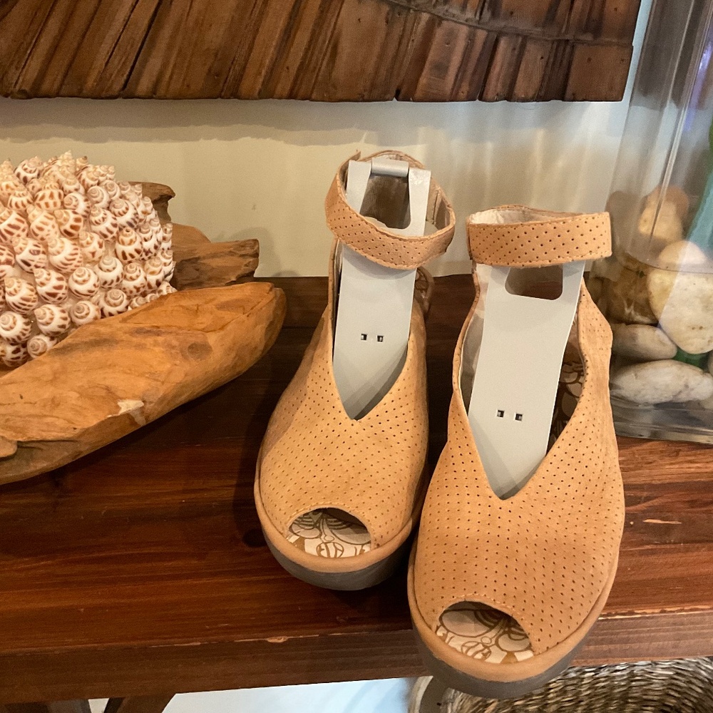 Fly London Yala  Perforated  Leather Wedge Sandal , Color Taupe , Size 39